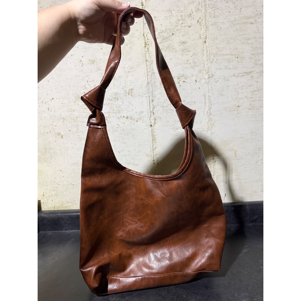 Brown Vegan Leather Slouchy Hobo Shoulder Bag w/ Knot Detail Cognac Large 16x11